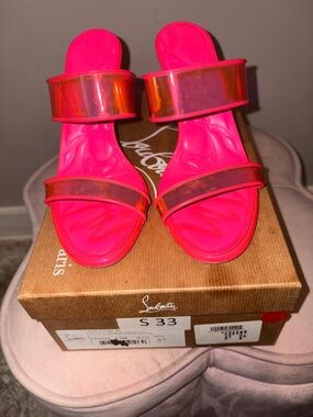Christian Louboutin Neon Pink Iridescent Strap Slide Mules